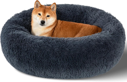 Dog Calming Beds for Medium Large Dogs - round Donut Washable Puppy Dog Bed, Anti-Slip Faux Fur Fluffy Donut Cuddle Anxiety Cat Pet Bed(36" Dark Grey)