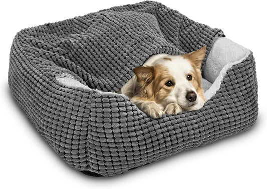 Dog Beds for Small Medium Large Dogs with Cover Cave, Rectangle Hooded Dog Puppy Bed with Blanket, Cozy Anti-Anxiety Cat Beds for Indoor Cats, Anti-Slip Bottom and Machine Washable (20", Grey)